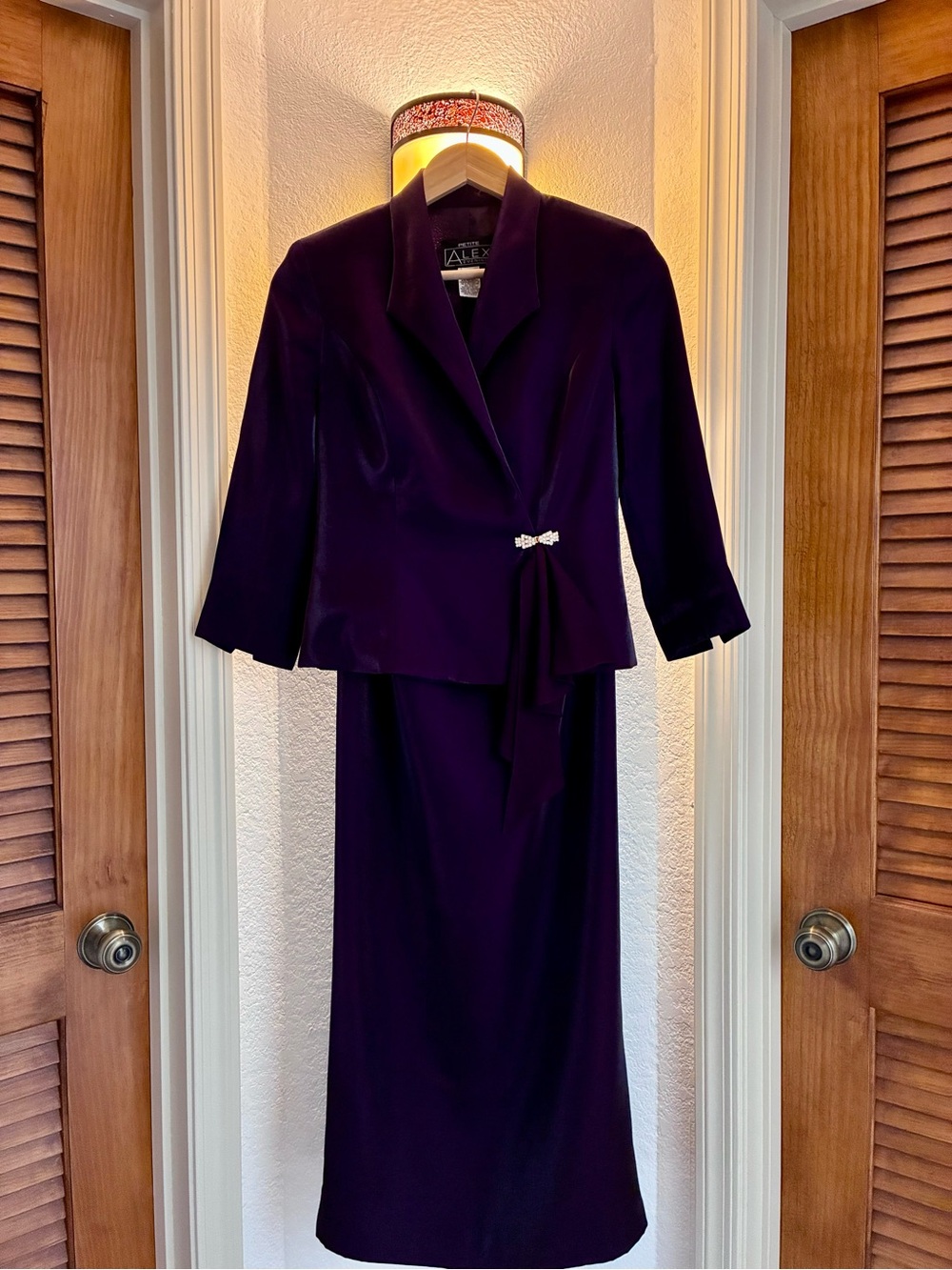 Alex Evenings Deep Purple Maxi Skirt Suit with Decorative Brooch